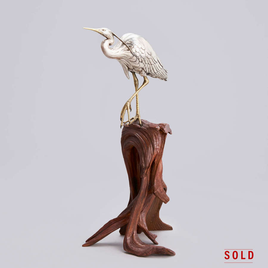 Japanese silvered bronze heron signed Masatsune Meiji period