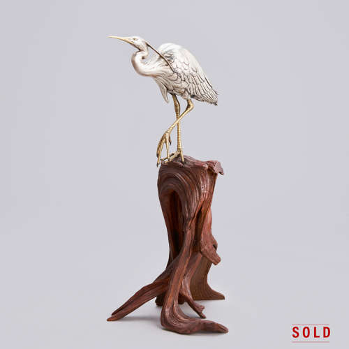 Japanese silvered bronze heron signed Masatsune Meiji period