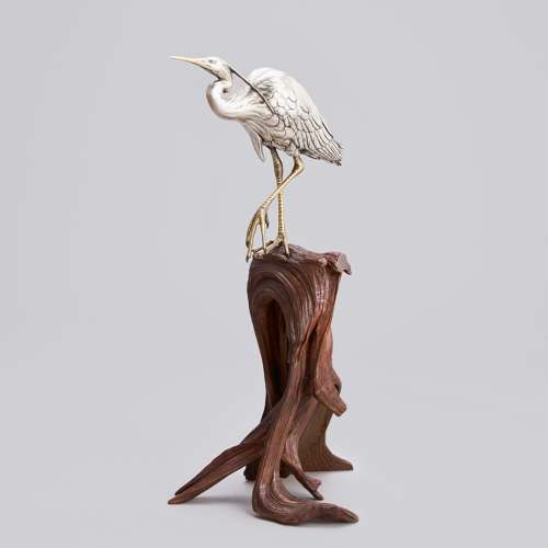 Japanese silvered bronze heron signed Masatsune Meiji period