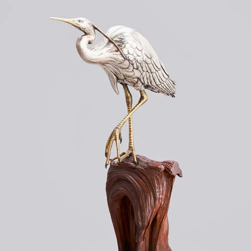 Japanese silvered bronze heron signed Masatsune Meiji period