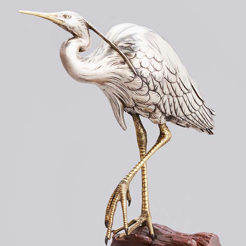 Japanese silvered bronze heron signed Masatsune Meiji period