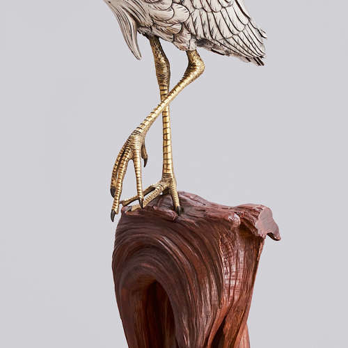 Japanese silvered bronze heron signed Masatsune Meiji period