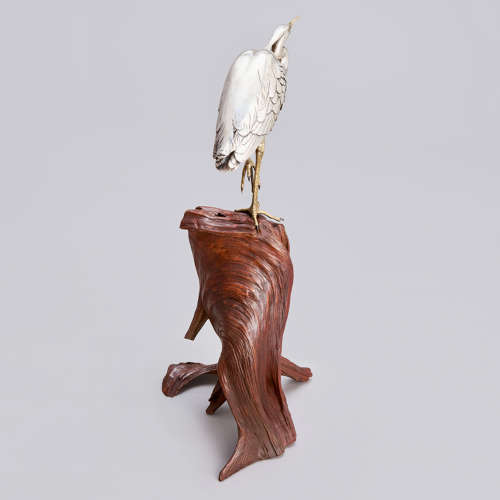 Japanese silvered bronze heron signed Masatsune Meiji period