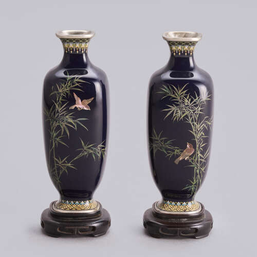 Japanese pair of cloisonné enamel vases signed Hayashi Kodenji Meiji period