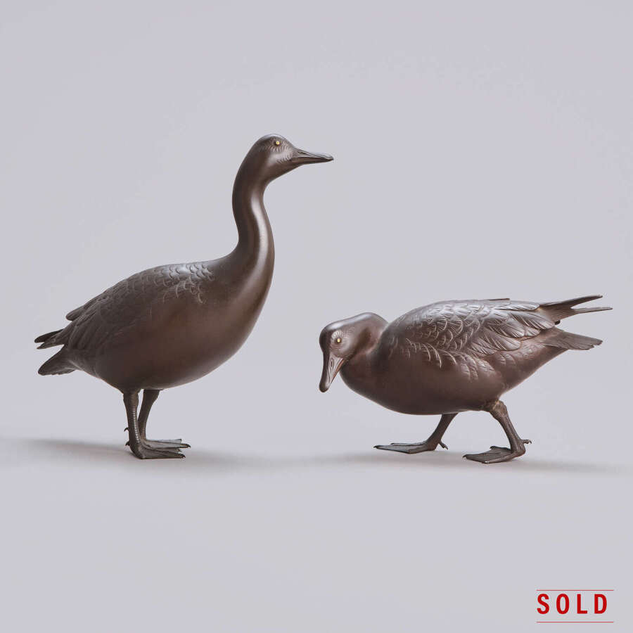 Japanese pair of bronze wild geese signed Seiun late Meiji period