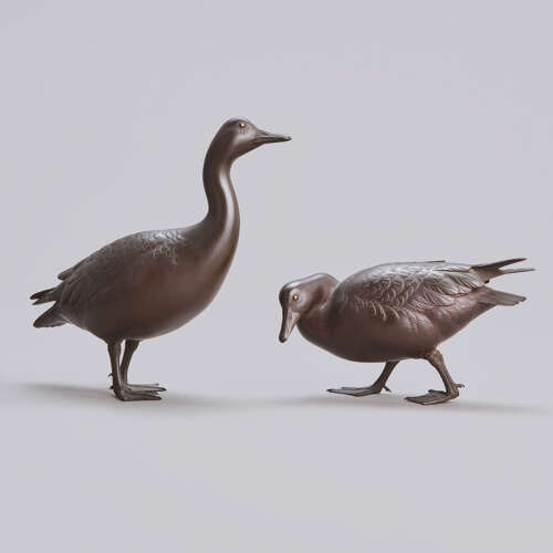 Japanese pair of bronze wild geese signed Seiun late Meiji period
