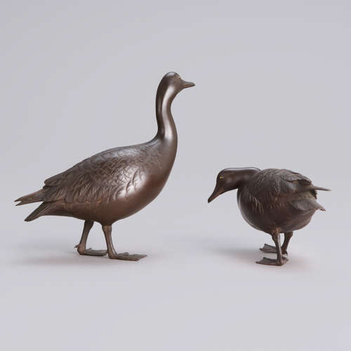 Japanese pair of bronze wild geese signed Seiun late Meiji period