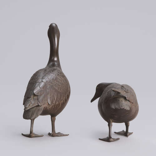 Japanese pair of bronze wild geese signed Seiun late Meiji period