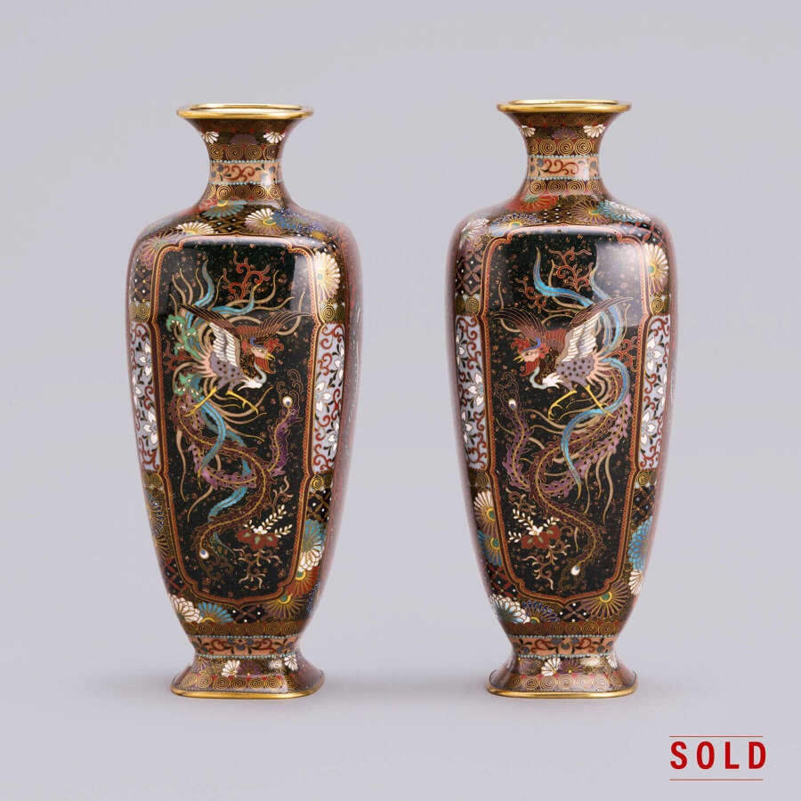 Japanese pair of cloisonn&eacute; enamel vases signed Ōta Toshirō of Nagoya Taishō period