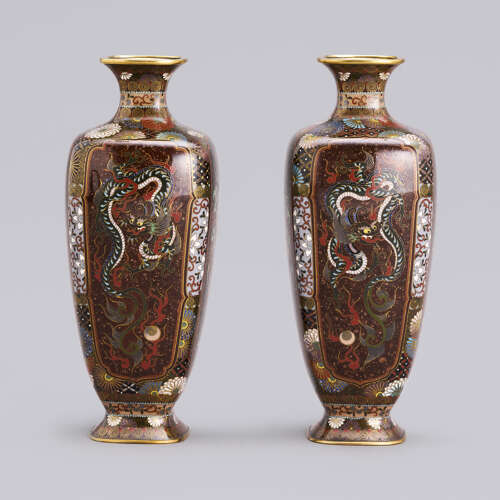 Japanese pair of cloisonné enamel vases signed Ōta Toshirō of Nagoya Taishō period