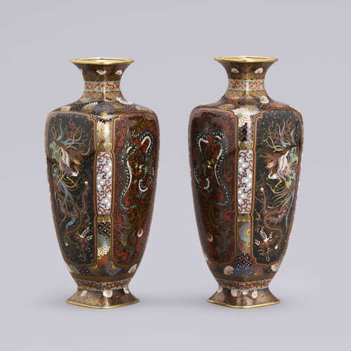Japanese pair of cloisonné enamel vases signed Ōta Toshirō of Nagoya Taishō period