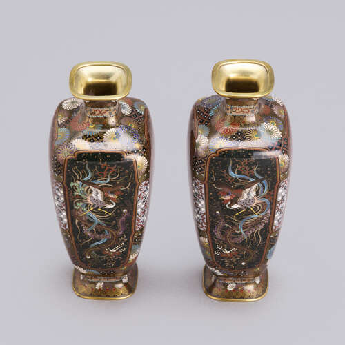 Japanese pair of cloisonné enamel vases signed Ōta Toshirō of Nagoya Taishō period