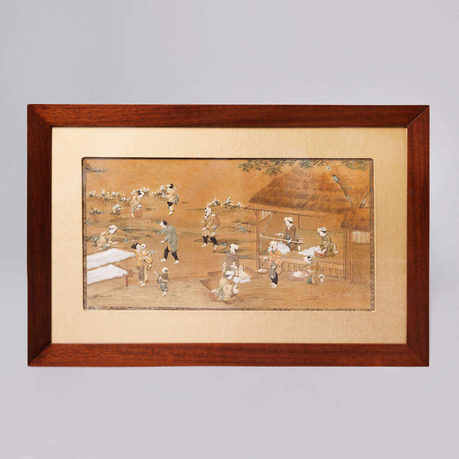 Japanese Oshie silk panel depicting artisans harvesting cotton Meiji period