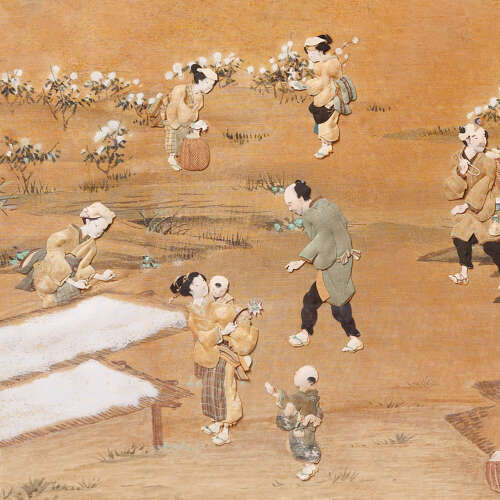 Japanese Oshie silk panel depicting artisans harvesting cotton Meiji period