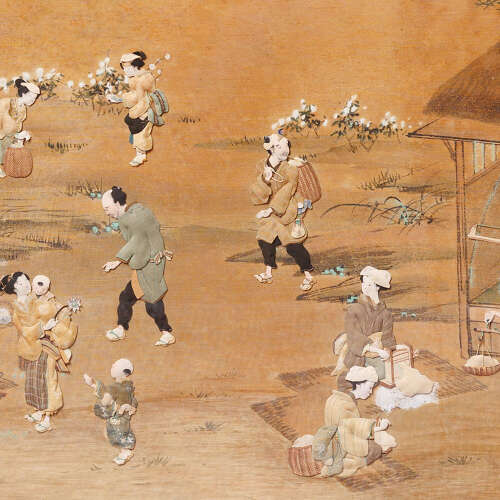 Japanese Oshie silk panel depicting artisans harvesting cotton Meiji period