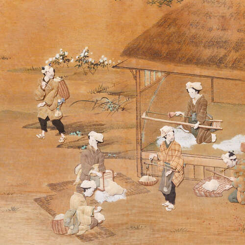 Japanese Oshie silk panel depicting artisans harvesting cotton Meiji period