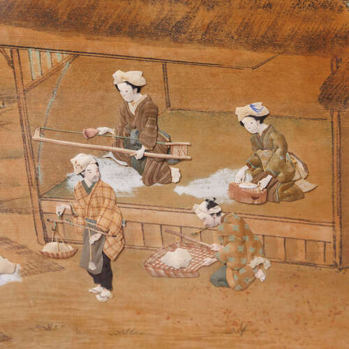 Japanese Oshie silk panel depicting artisans harvesting cotton Meiji period