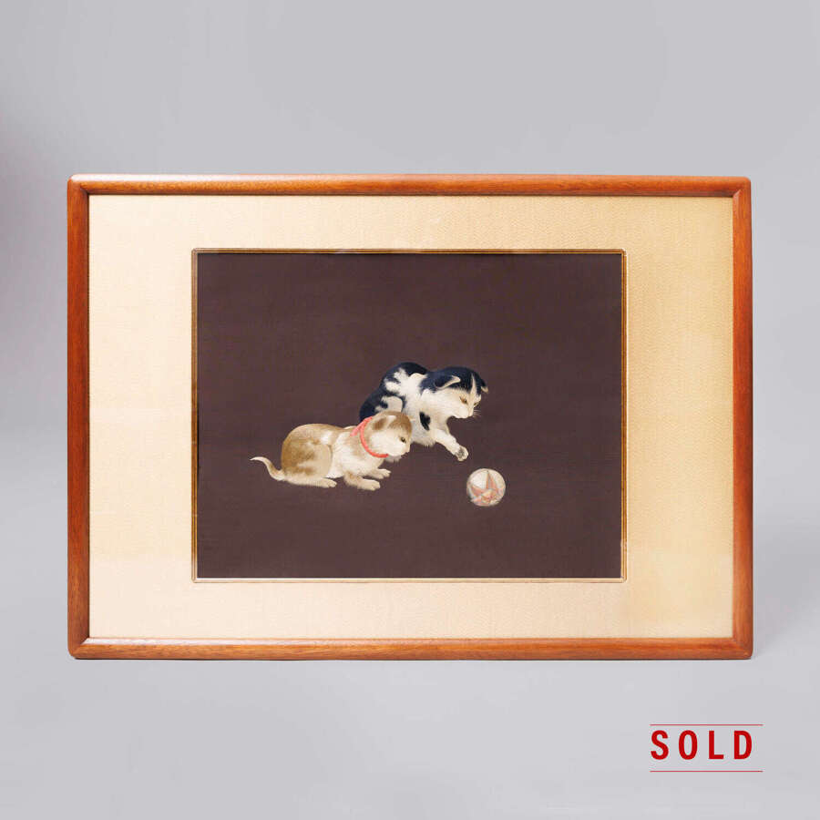 Japanese silk embroidery of cats playing with a ball Meiji period