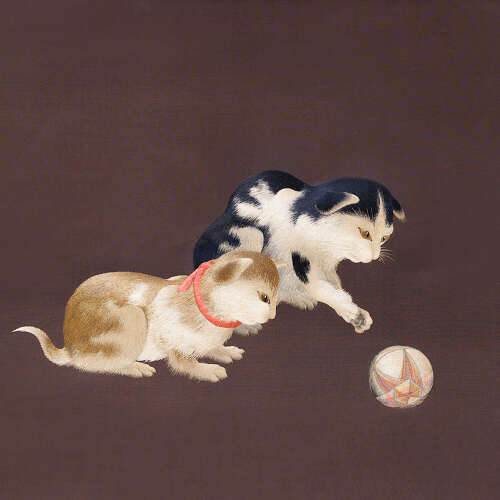 Japanese silk embroidery of cats playing with a ball Meiji period