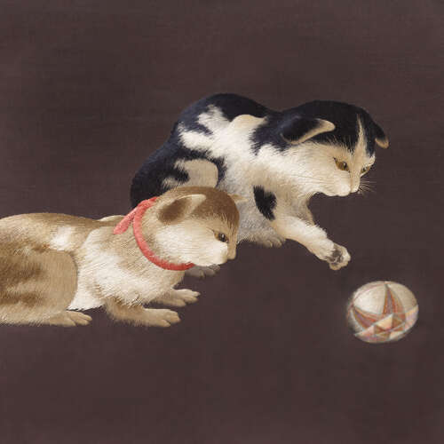 Japanese silk embroidery of cats playing with a ball Meiji period
