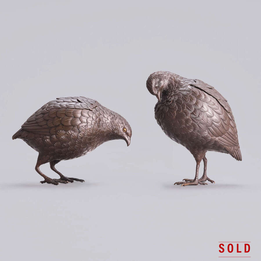 Japanese pair of bronze quail censers signed Hozan Meiji period