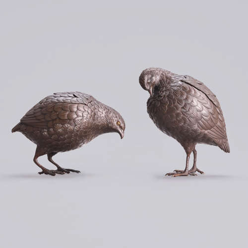 Japanese pair of bronze quail censers signed Hozan Meiji period