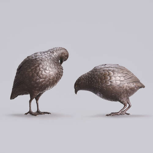 Japanese pair of bronze quail censers signed Hozan Meiji period