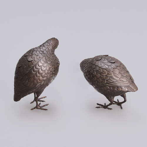 Japanese pair of bronze quail censers signed Hozan Meiji period