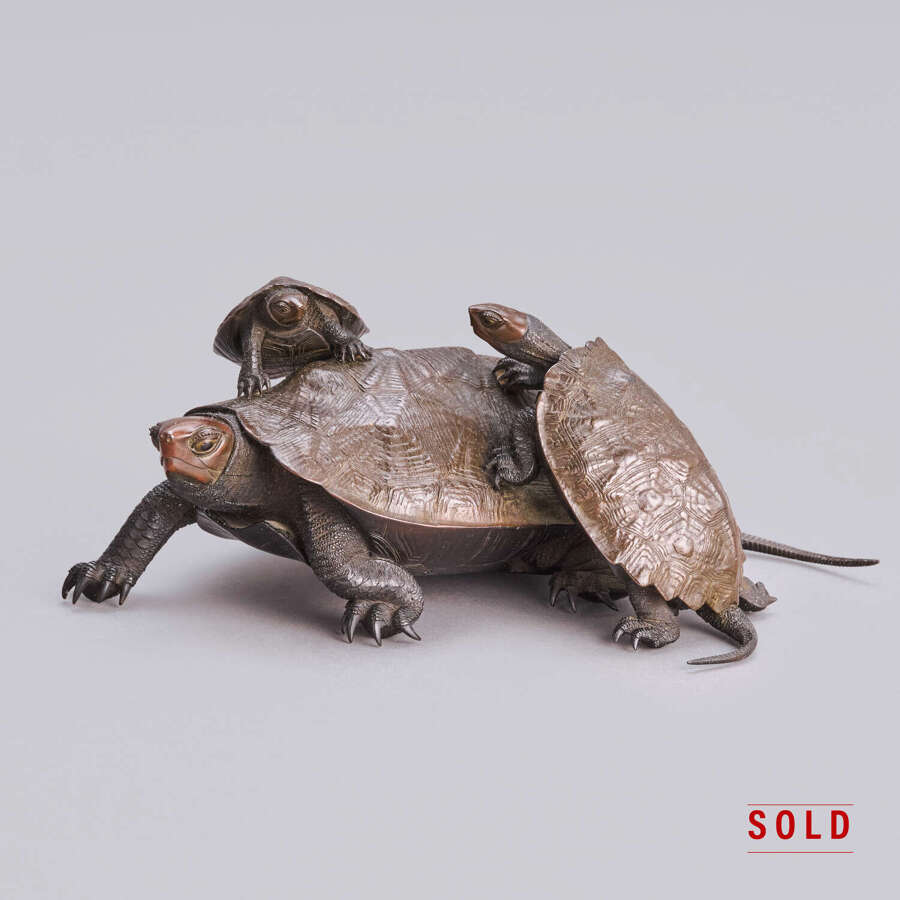 Japanese bronze group of three turtles signed Nogami Ryūki Meiji period
