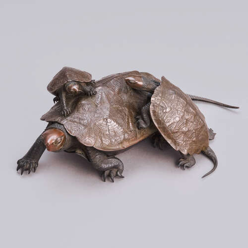 Japanese bronze group of three turtles signed Nogami Ryūki Meiji period