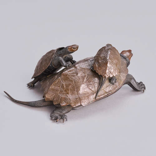 Japanese bronze group of three turtles signed Nogami Ryūki Meiji period