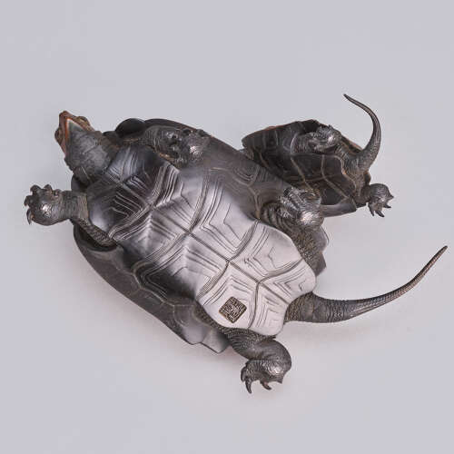 Japanese bronze group of three turtles signed Nogami Ryūki Meiji period
