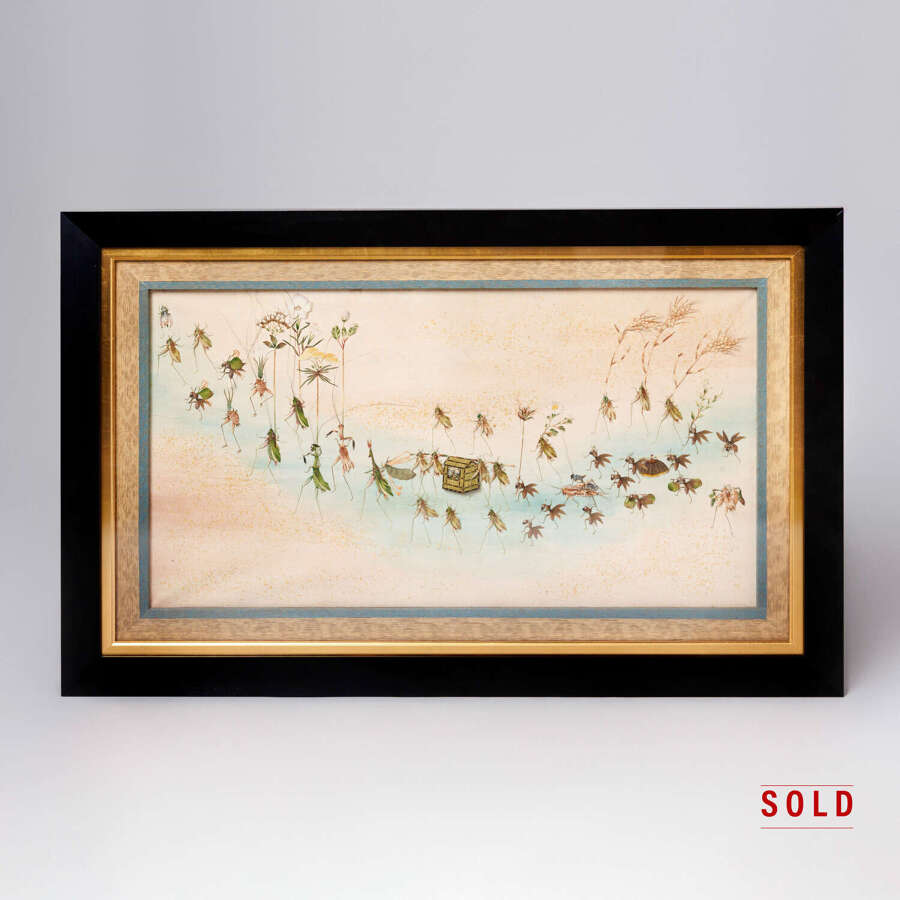 Japanese Oshie silk panel with a procession of insects Meiji period