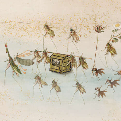 Japanese Oshie silk panel with a procession of insects Meiji period