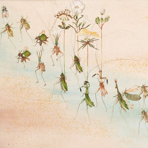 Japanese Oshie silk panel with a procession of insects Meiji period