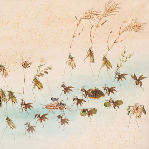Japanese Oshie silk panel with a procession of insects Meiji period