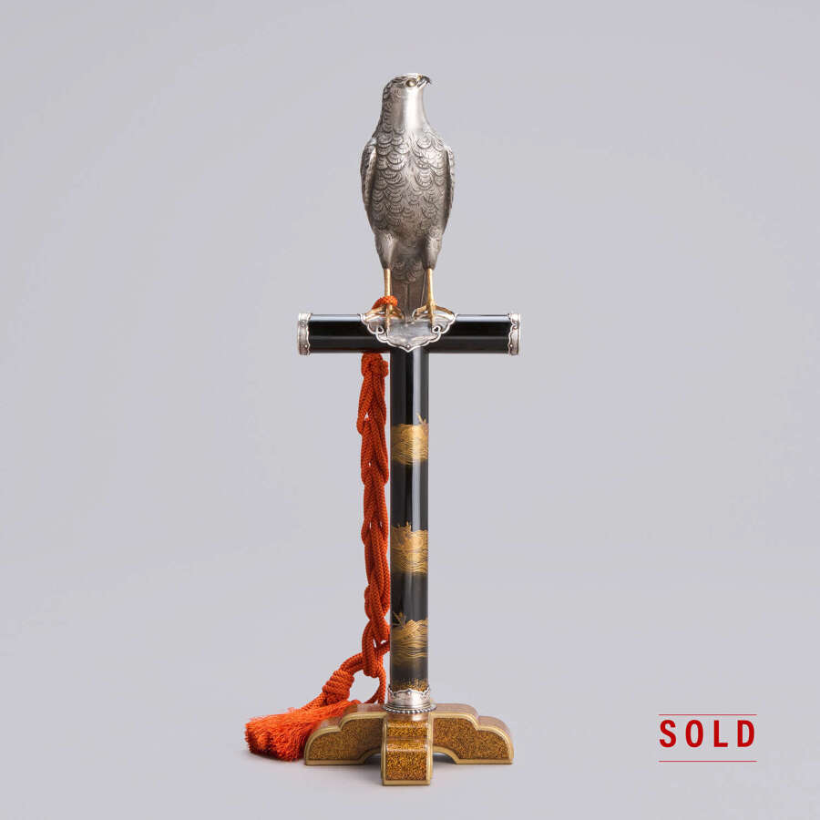 Japanese silver hawk on a black lacquer stand signed Nakano Bikai Taishō period