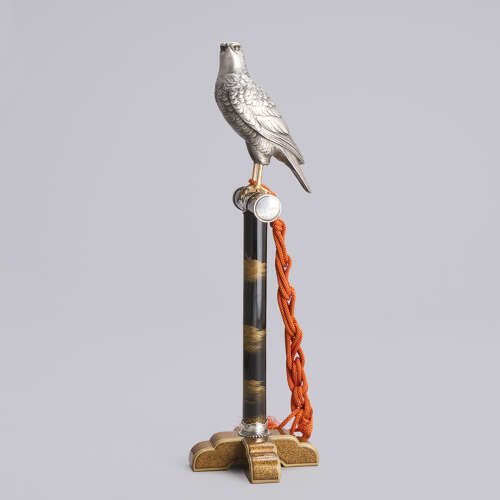 Japanese silver hawk on a black lacquer stand signed Nakano Bikai Taishō period