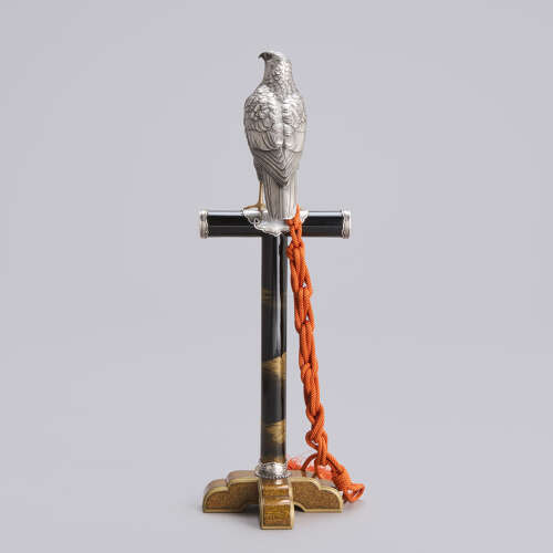 Japanese silver hawk on a black lacquer stand signed Nakano Bikai Taishō period