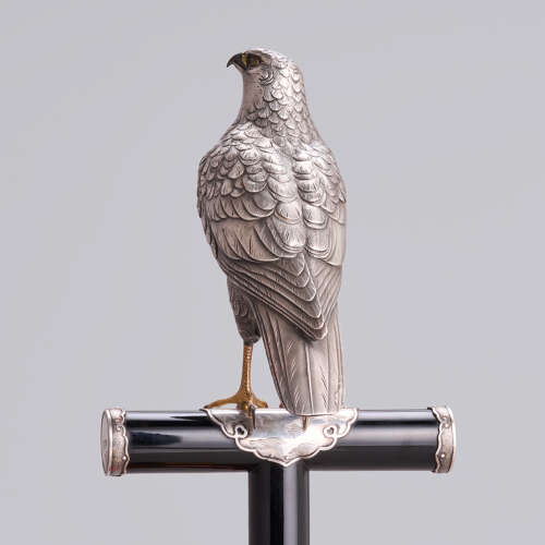 Japanese silver hawk on a black lacquer stand signed Nakano Bikai Taishō period