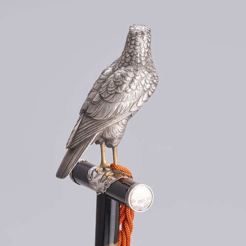 Japanese silver hawk on a black lacquer stand signed Nakano Bikai Taishō period