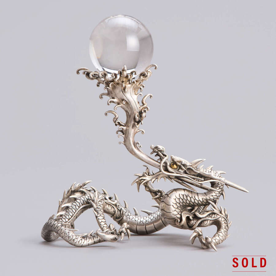 Japanese silvered bronze dragon with the sacred jewel signed Seiryusai Meiji period