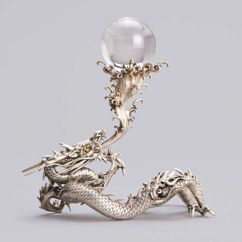 Japanese silvered bronze dragon with the sacred jewel signed Seiryusai Meiji period