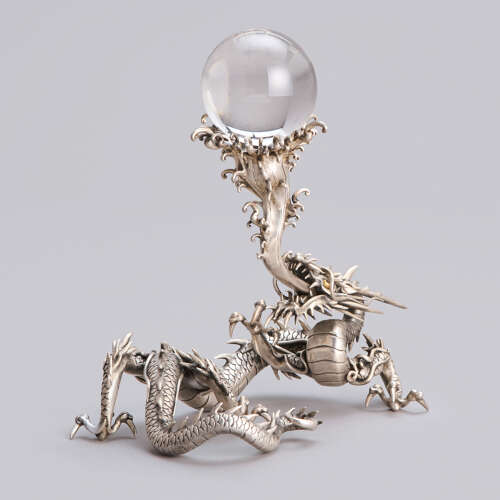 Japanese silvered bronze dragon with the sacred jewel signed Seiryusai Meiji period