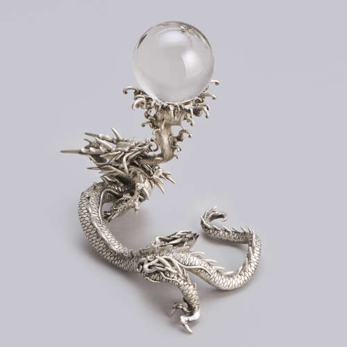 Japanese silvered bronze dragon with the sacred jewel signed Seiryusai Meiji period