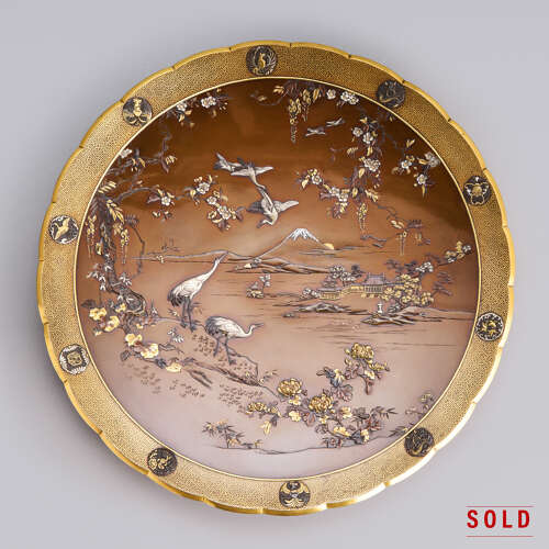 Japanese bronze dish with egrets and Mount Fuji signed Inoue of Kyoto Meiji period