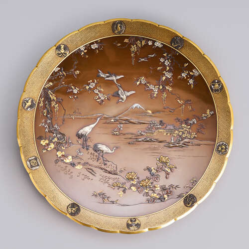 Japanese bronze dish with egrets and Mount Fuji signed Inoue of Kyoto Meiji period