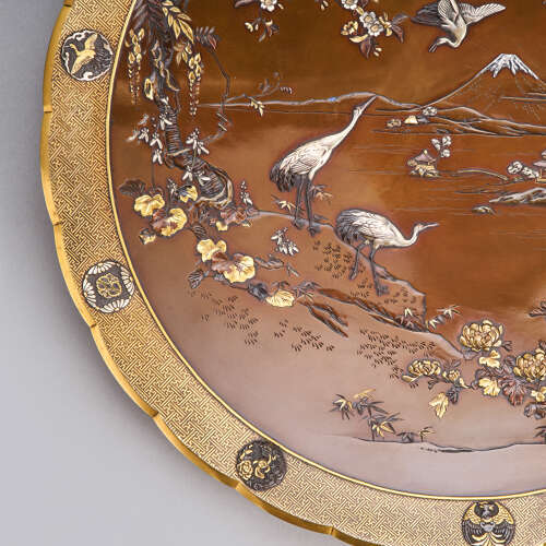 Japanese bronze dish with egrets and Mount Fuji signed Inoue of Kyoto Meiji period