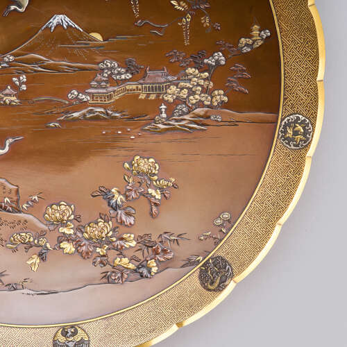 Japanese bronze dish with egrets and Mount Fuji signed Inoue of Kyoto Meiji period
