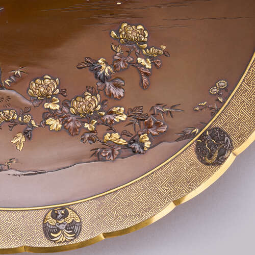 Japanese bronze dish with egrets and Mount Fuji signed Inoue of Kyoto Meiji period